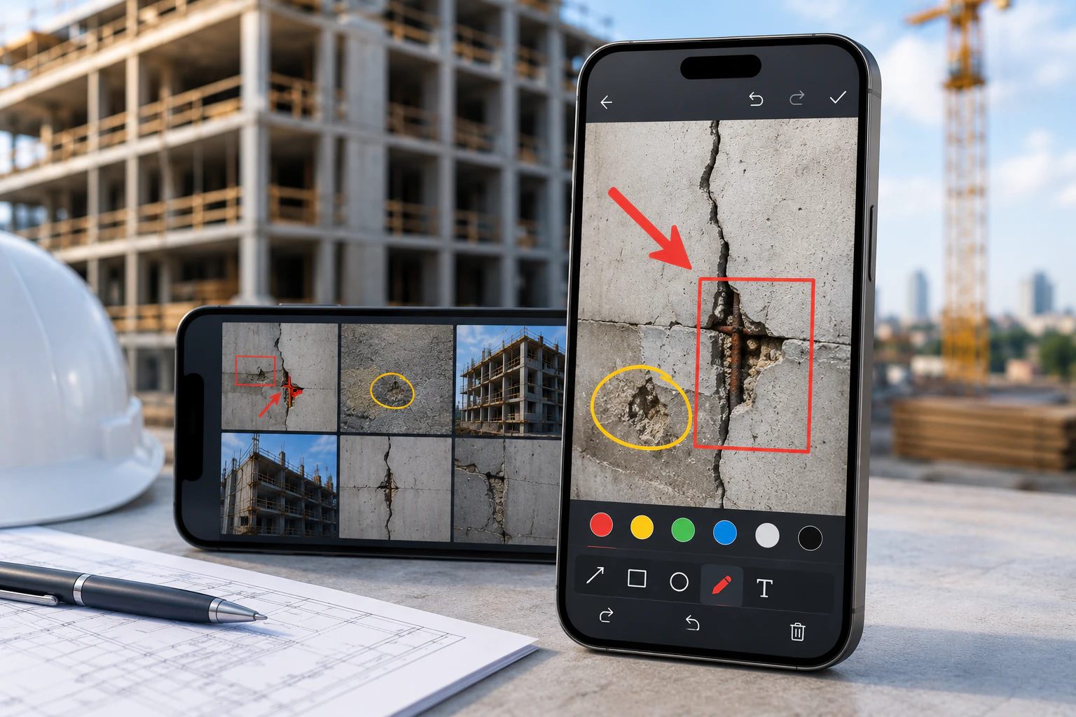 Anmærkning af inspektionsfotos og markering af mangler i mobil app