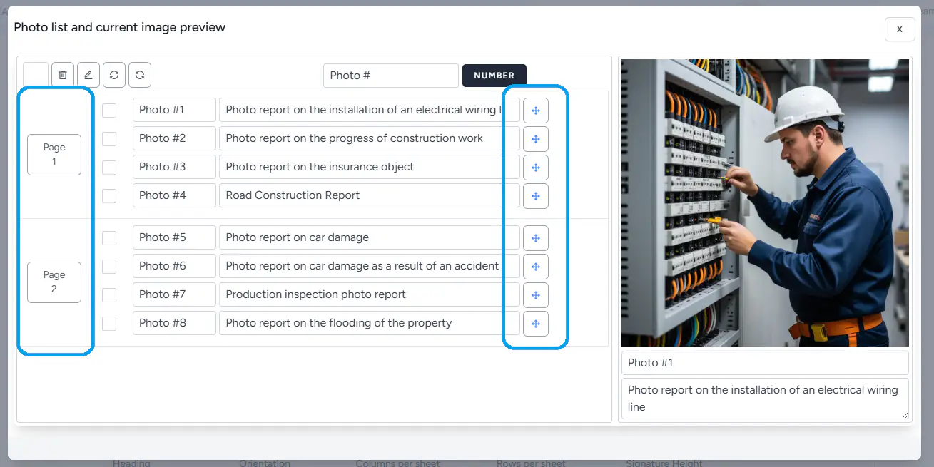 写真報告書内の写真並べ替え機能