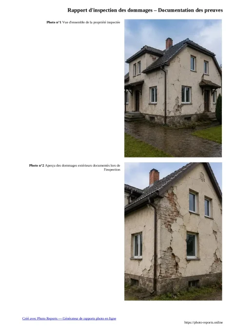 Rapport d'inspection des dommages – Documentation des preuves