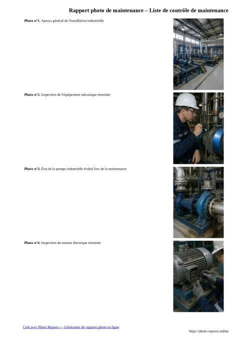 Rapport photo de maintenance – Liste de contrôle de maintenance